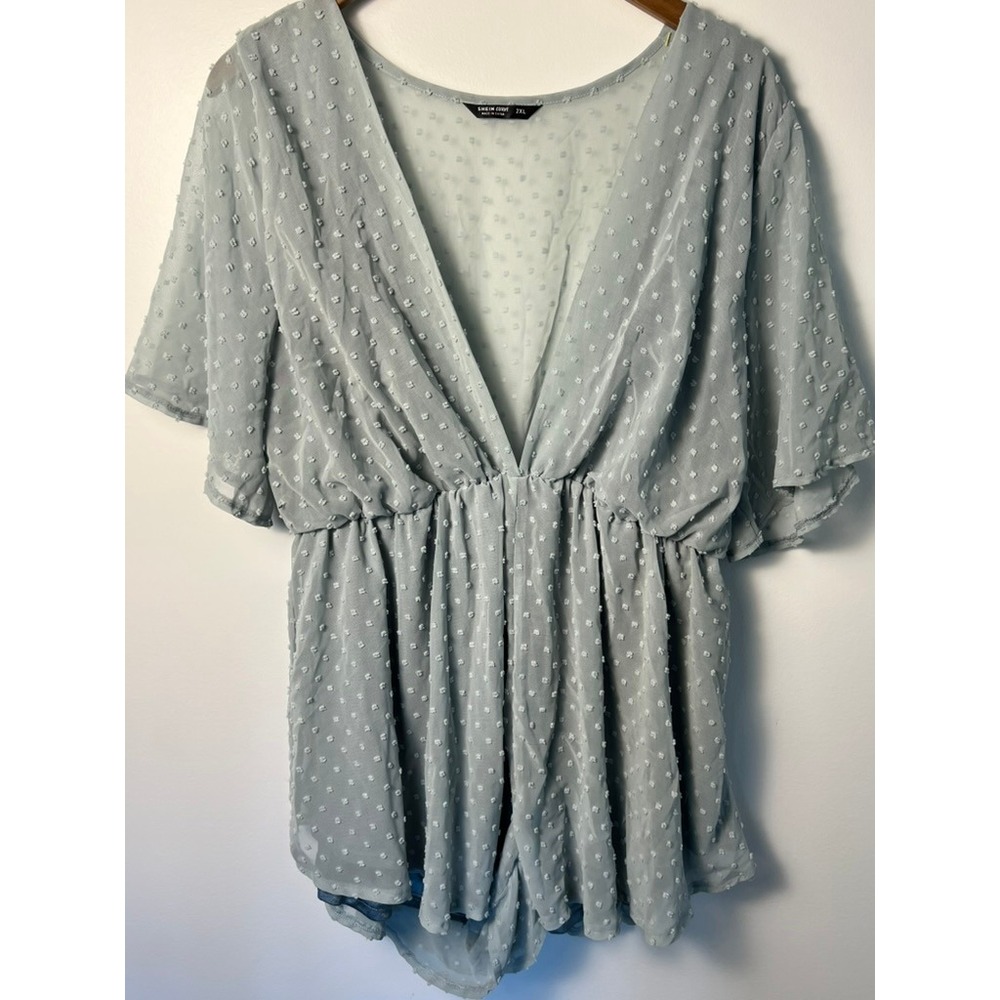 Romper Wm 2XL Blue Swiss Dot V-Neck Flutter Sleeve Sheer Boho Feminine Chic